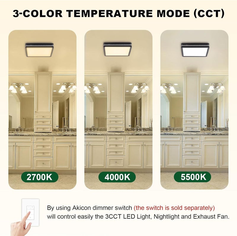 Akicon Bathroom Exhaust Fan with Light, 80CFM 2.0 Sones Exhaust Fan for Bathroom Ceiling, 15W Dimmable 3CCT LED Lights & 3.5W Nightlight Vent Fan for Home, Shower Room, Square, Black - Image 3